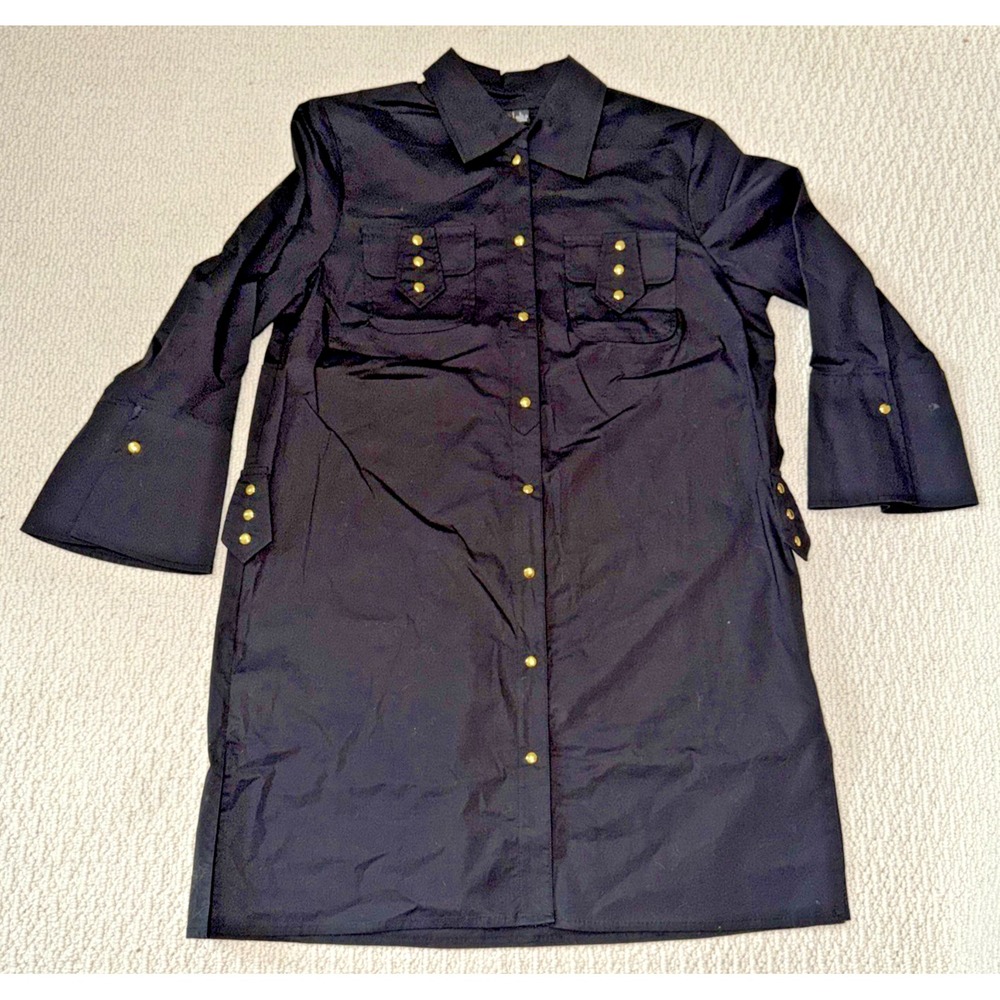 Y2K ANZI Jeans Black Military Shirt Dress Womens L Gold Buttons Bell Sleeve